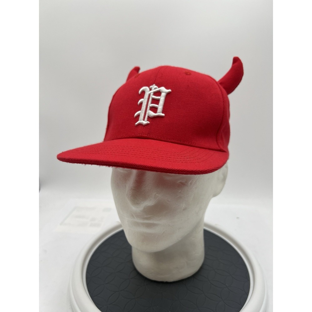 Red Devil Horn Snapback Hat Gothic P Embroidered Flat Bill Novelty Cap